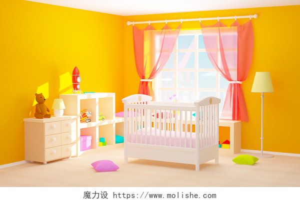 一间婴儿的卧室有婴儿床和货架上摆满的玩具婴儿室与地板的货架上